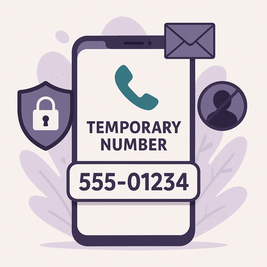 Smartphone displaying a temporary phone number concept with privacy and OTP imagery