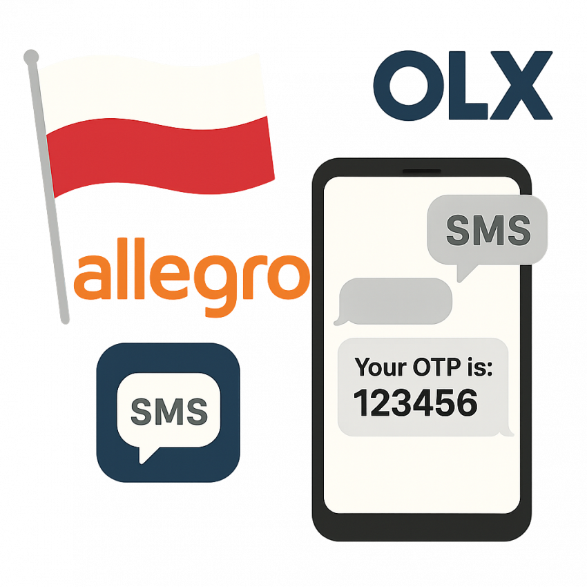 Polish numbers for OLX and Allegro accounts with OTP SMS on a Polish flag background