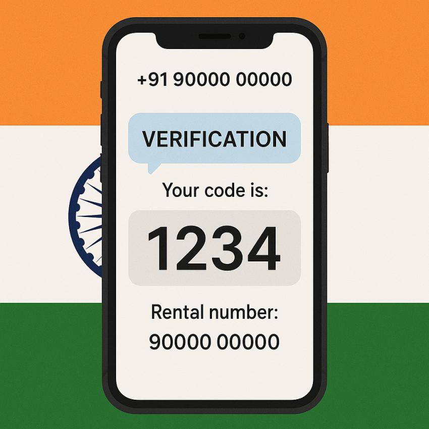Phone screen showing OTP SMS with Indian flag background for SMS verification rental