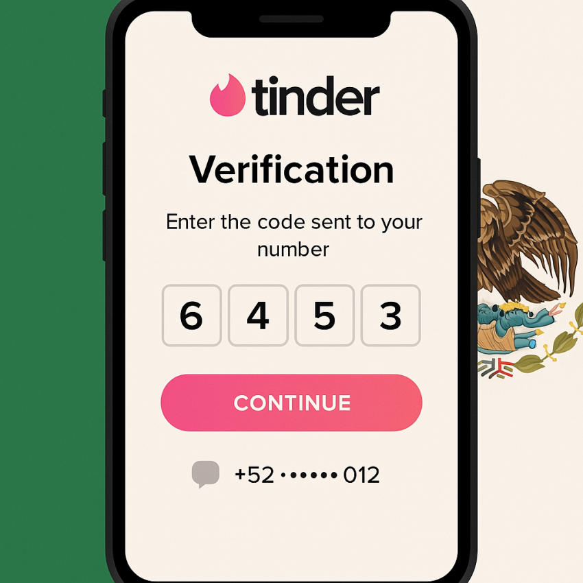 Phone screen with Mexican flag showing Tinder verification OTP for Tinder activation with Mexican virtual numbers