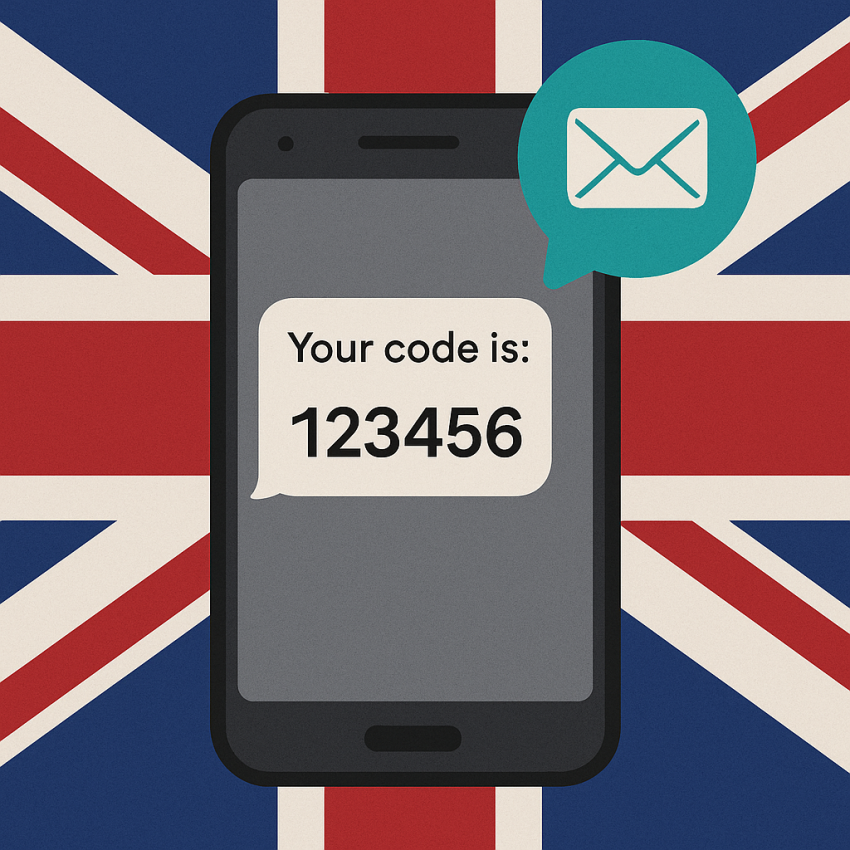 UK flag themed smartphone screen showing OTP verification message