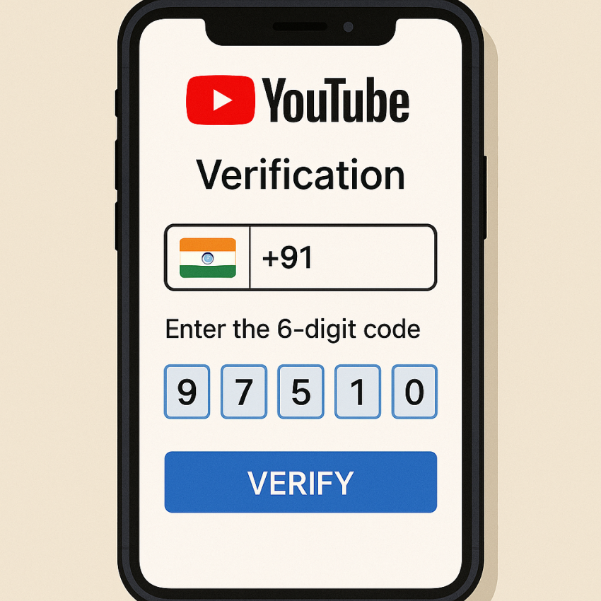 Smartphone screen showing YouTube verification with Indian temporary numbers and OTP code