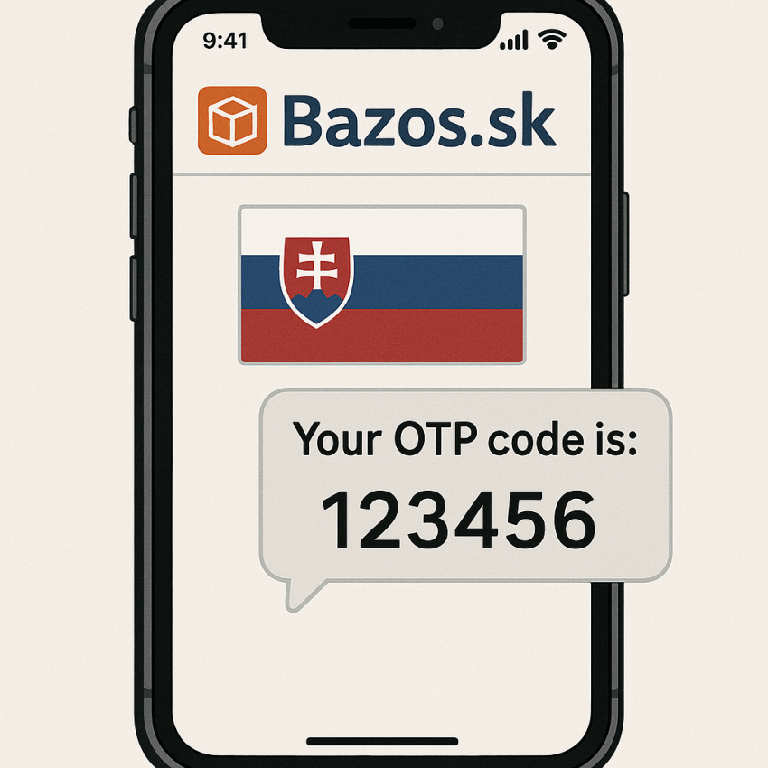 Bazos.sk verification on a smartphone with Slovak flag and OTP