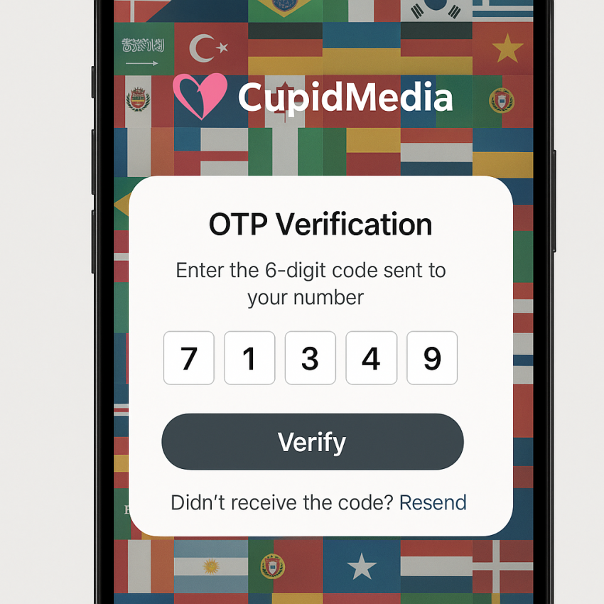 Mobile screen displaying CupidMedia SMS verification and OTP across a global backdrop