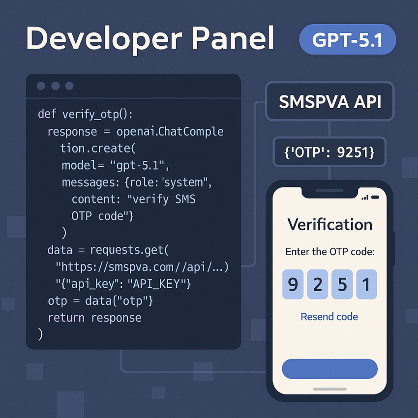 Graphic showing GPT-5.1 and SMSPVA API integration for seamless verification pipelines
