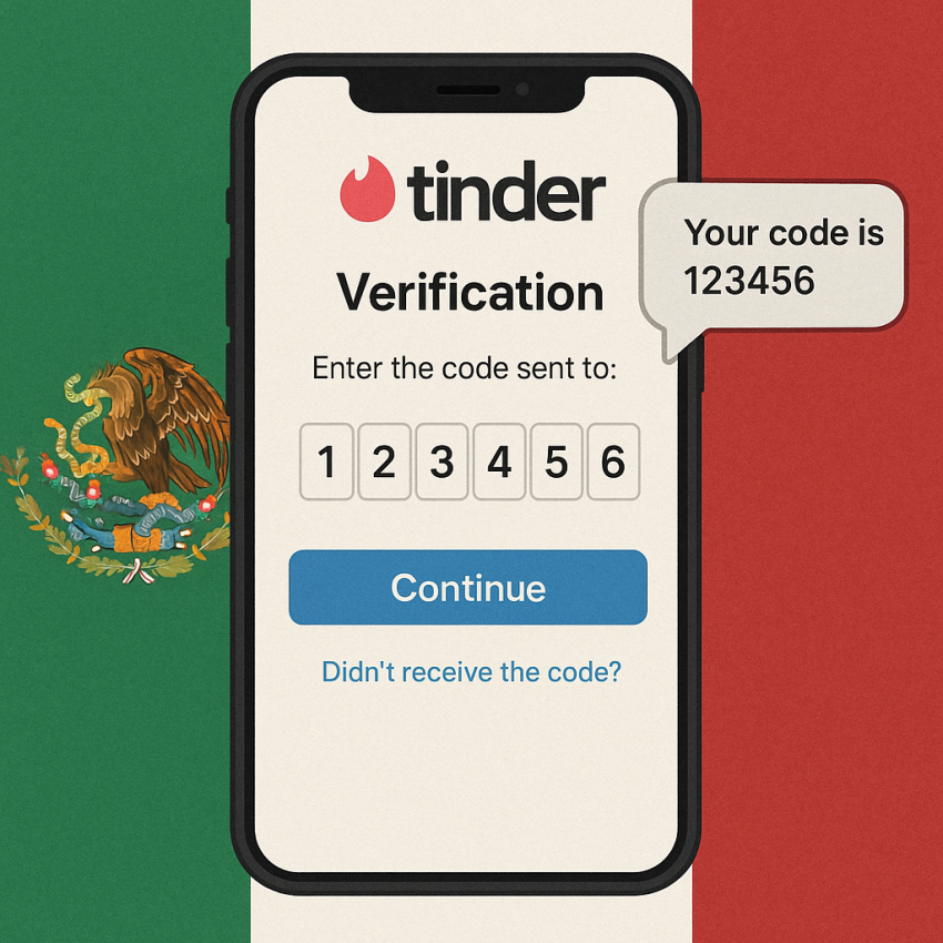 onlinesim competitor: Tinder account activation in Mexico — phone screen showing Tinder OTP code with Mexican flag