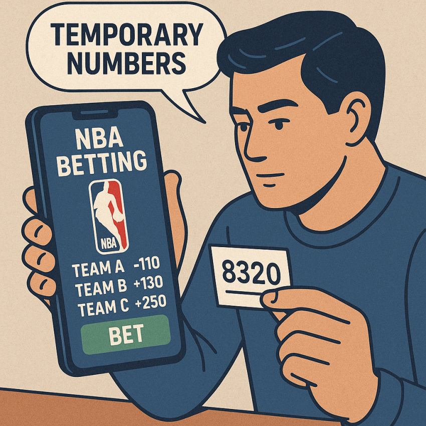 Phone screen showing OTP verification with NBA branding and temp numbers