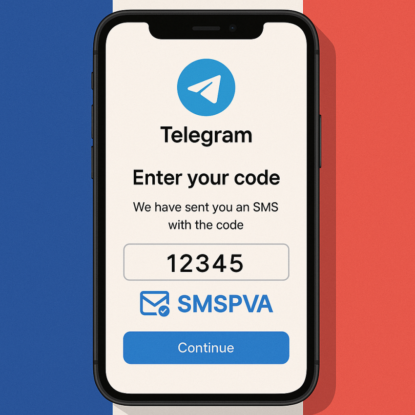 Phone screen showing Telegram verification with SMSPVA in France
