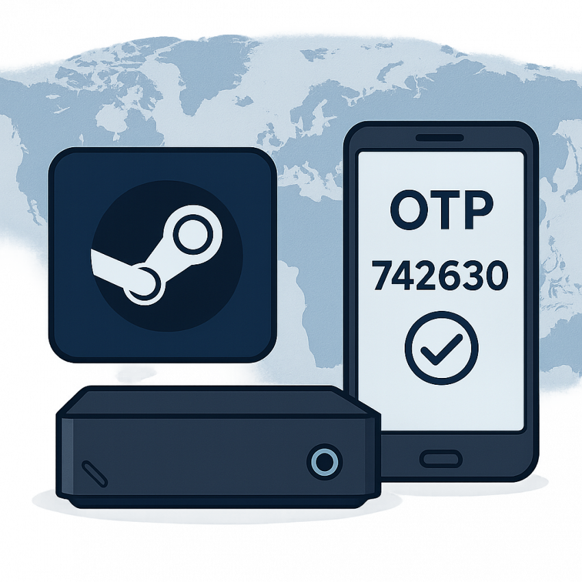 Steam machine verification: smartphone showing OTP code with Steam logo