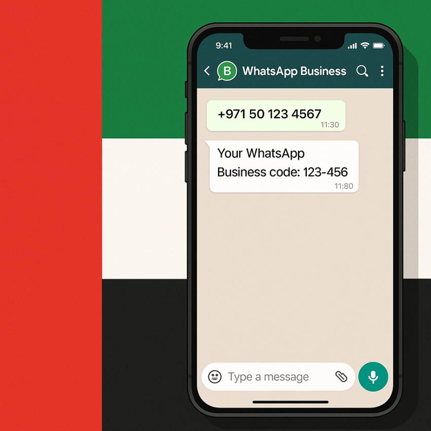 UAE virtual numbers for WhatsApp Business accounts on a phone screen with UAE flag background