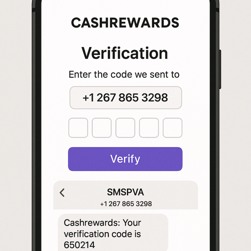 Phone screen showing Cashrewards verification with an SMSPVA temporary number