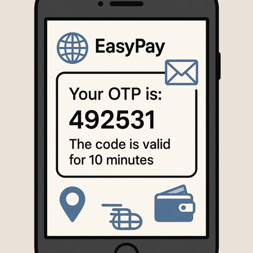 Phone showing EasyPay OTP verification with OTP code