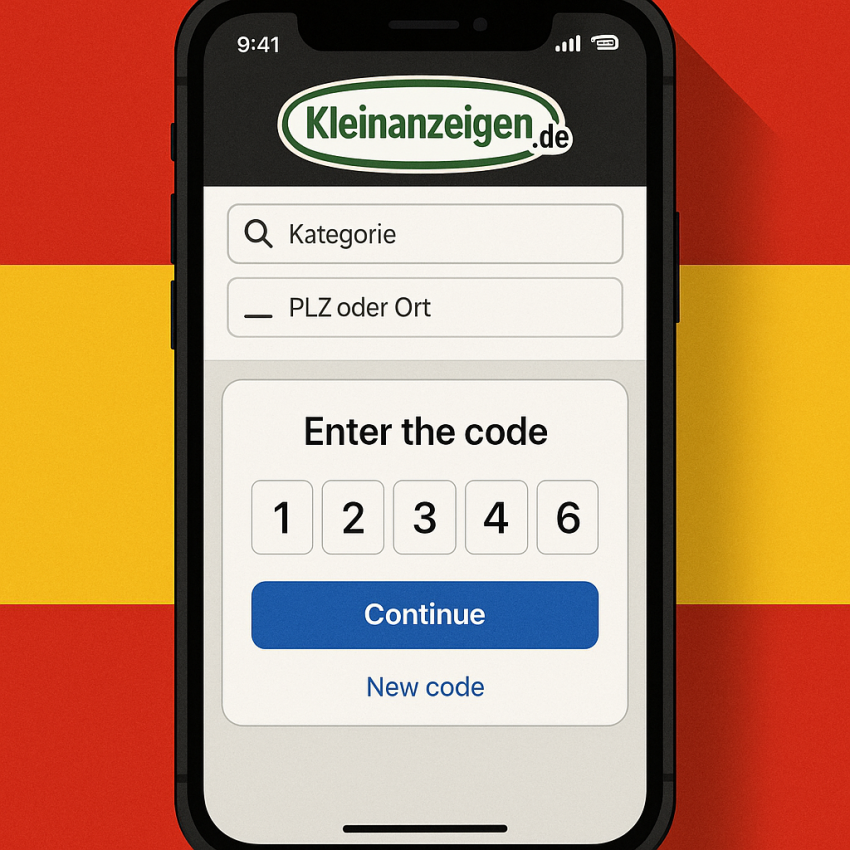 Kleinanzeigen.de app on phone with German classifieds and OTP verification