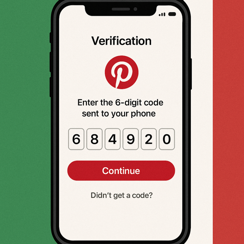 Pinterest verification in Italy with temporary numbers - smartphone screen showing OTP with Italian flag
