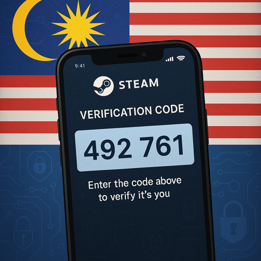 Phone screen with Steam verification OTP and Malaysian flag for Steam verification using Malaysian numbers