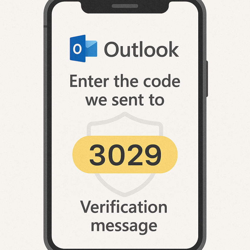 Phone screen with Microsoft Outlook verification and disposable number badge