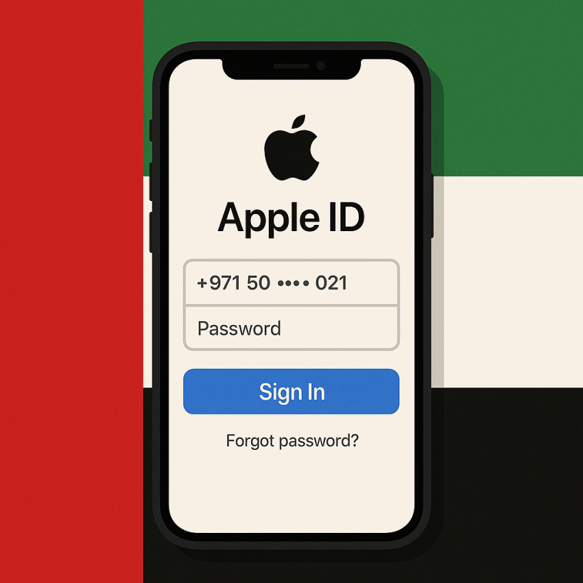 Apple ID verification UAE virtual numbers on a smartphone with UAE flag