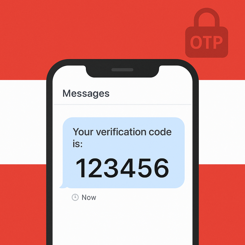 Phone screen showing a verification code with Austrian flag and avatar for Austria free-number verification