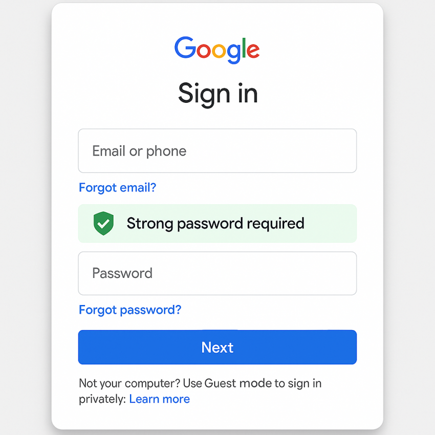 Illustration of Google login with best password rules for Google