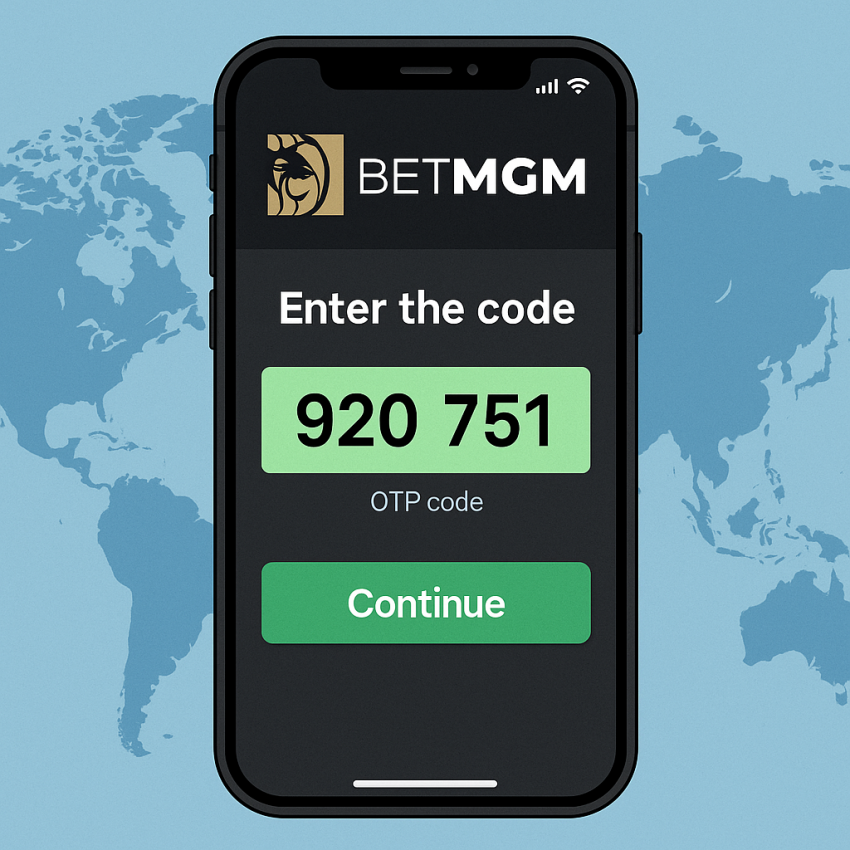 Betmgm mobile app screen with OTP verification on a global scale