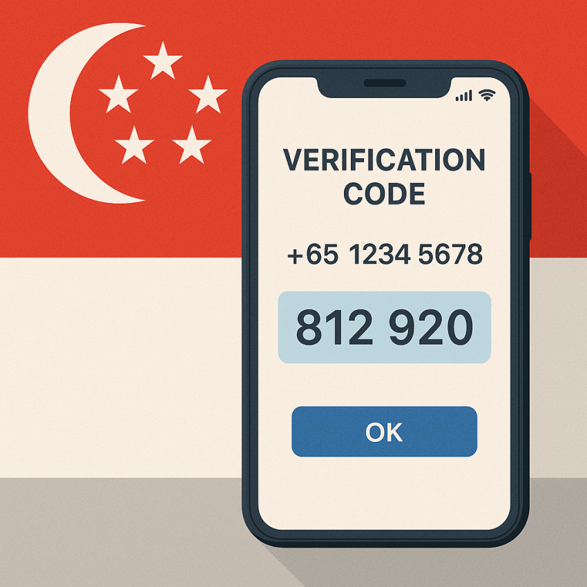 Smartphone showing SMS verification on a Singapore free number for Business and testing use cases in Singapore