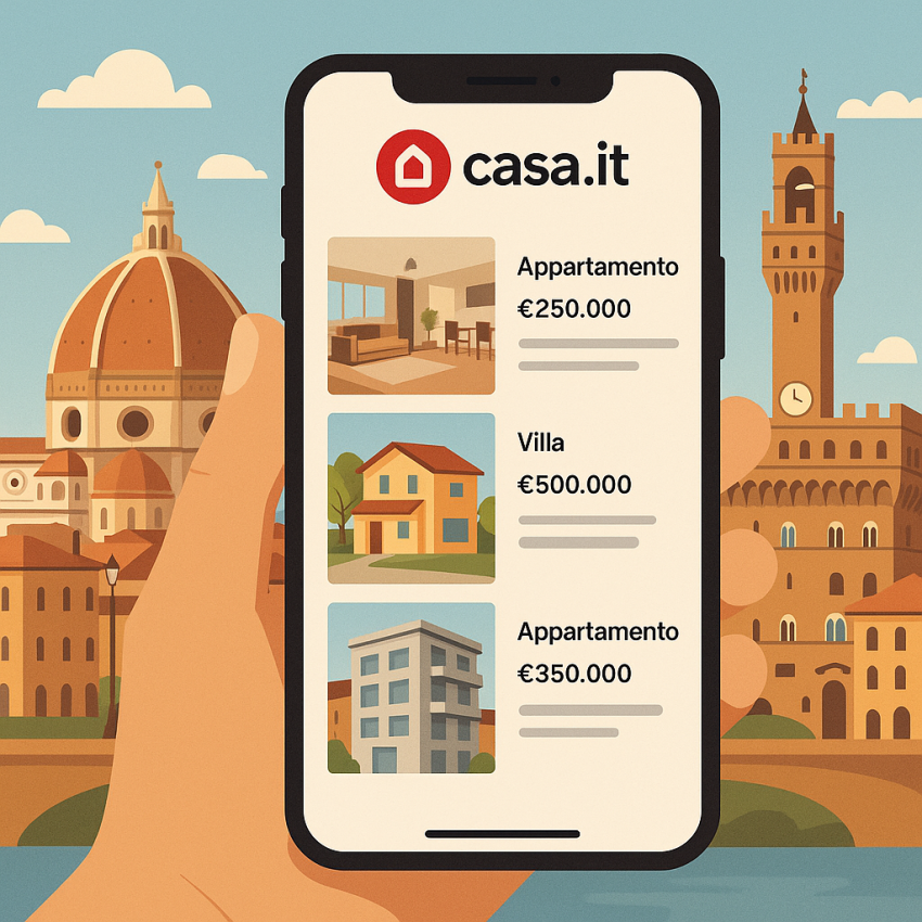 Casa.it listings on a smartphone with Italian city backdrop