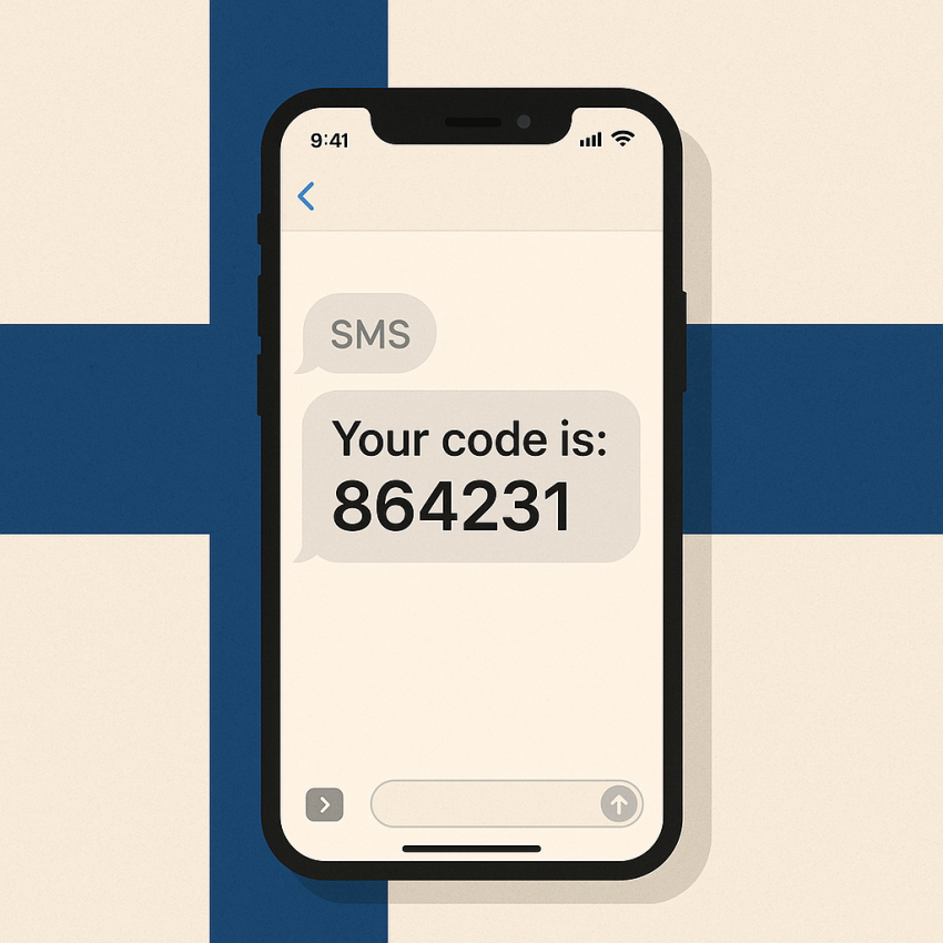 Finnish flag and smartphone showing OTP verification for Finland free phone number