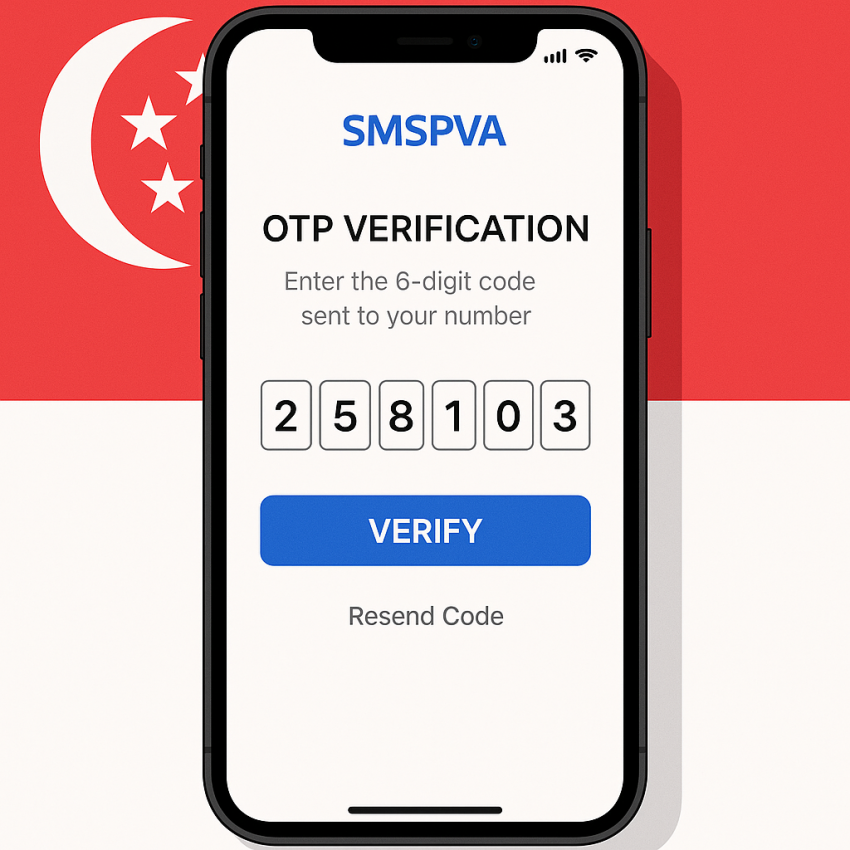 Phone displaying OTP verification for Singapore with SMSPVA on screen