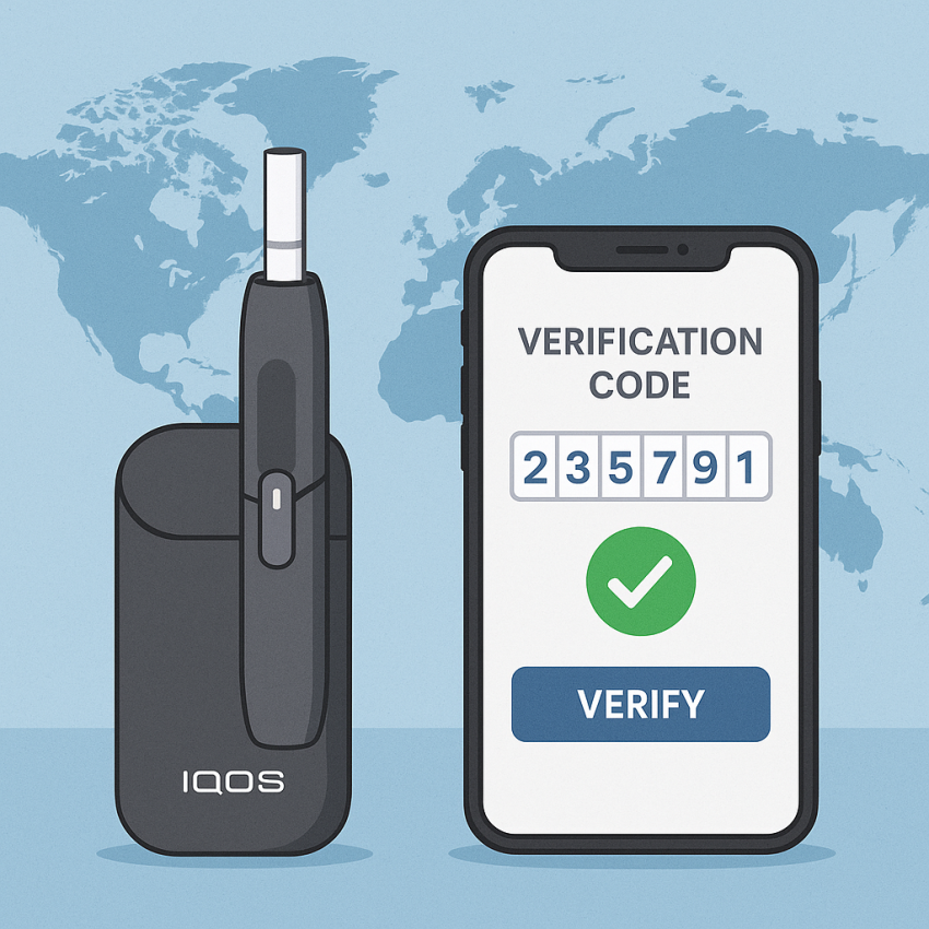 IQOS device with a global map background and verification icons