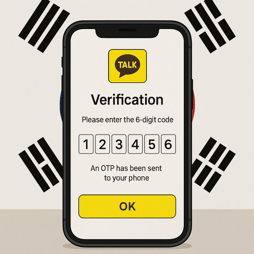 Phone screen showing KakaoTalk verification with South Korea flag for KakaoTalk verification in South-Korea