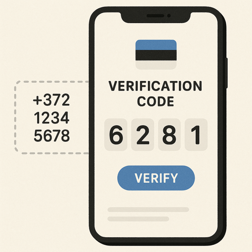 Smartphone screen showing a verification code with Estonia flag and free-number concept