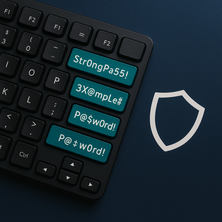 Illustration of strong password examples and why they work with a shield