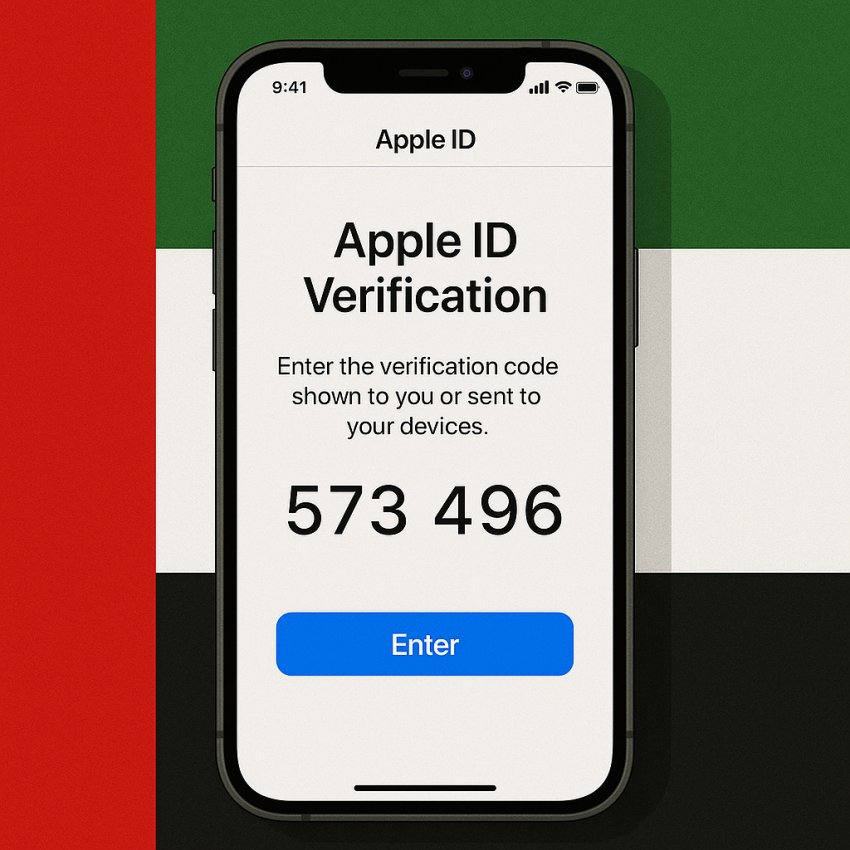 Phone screen showing UAE-specific random number for Apple ID tests during verification