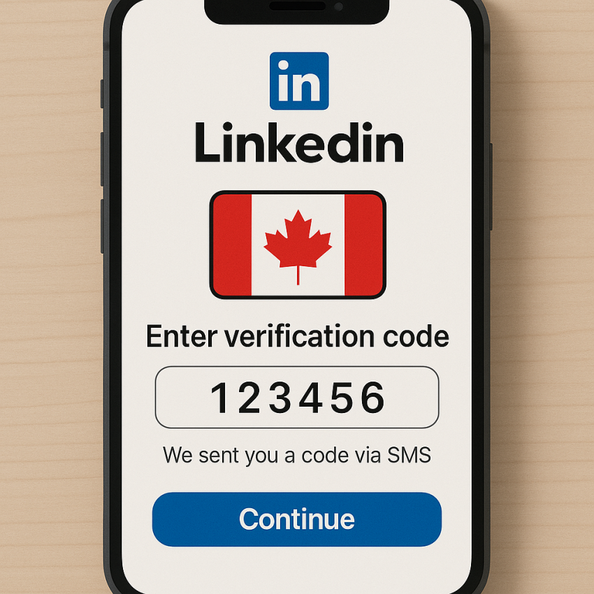 Smartphone screen with LinkedIn verification and Canadian flag for SMSPVA LinkedIn Canada