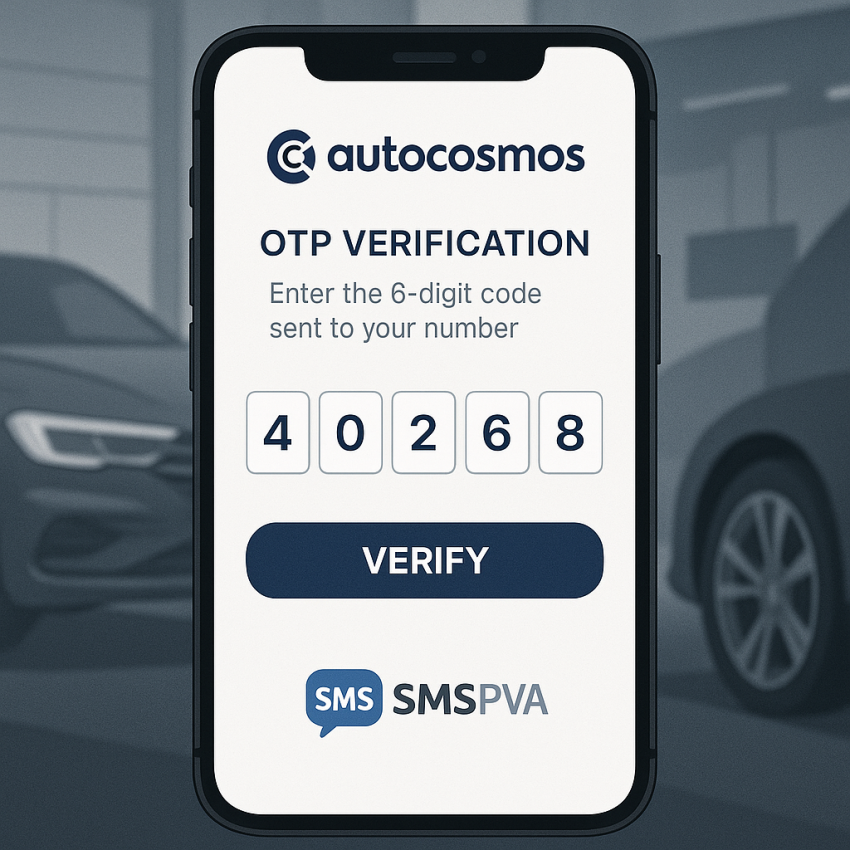 Phone screen showing Autocosmos OTP verification via SMSPVA for autocosmos.com