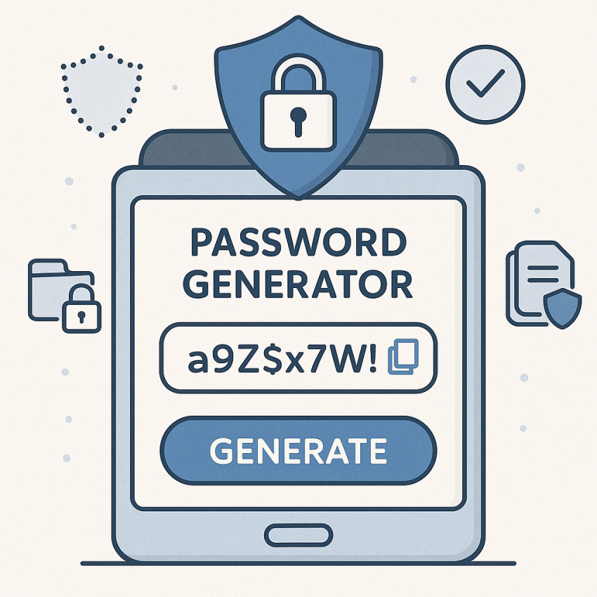 Phone screen showing a password generator with privacy shield illustrating How to Generate Passwords Without Storing Personal Data