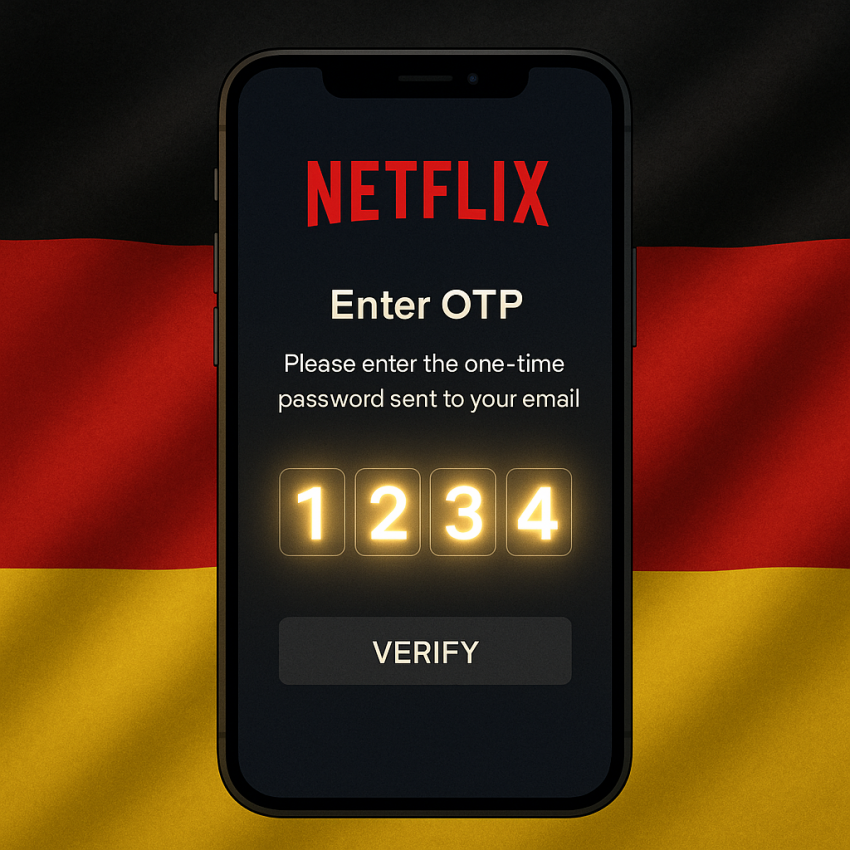 Netflix account activation in Germany via virtual number – OTP verification on a smartphone