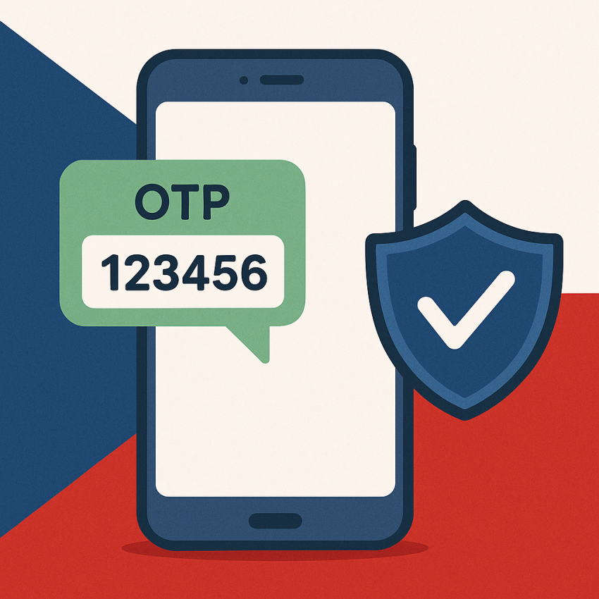 Phone receives OTP SMS for A practical checklist for receiving OTPs in the Czech Republic in front of Czech flag