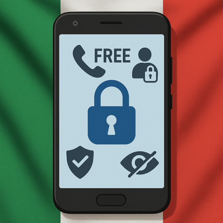 Privacy and safety tips when using free numbers in Italy banner with Italian flag and smartphone