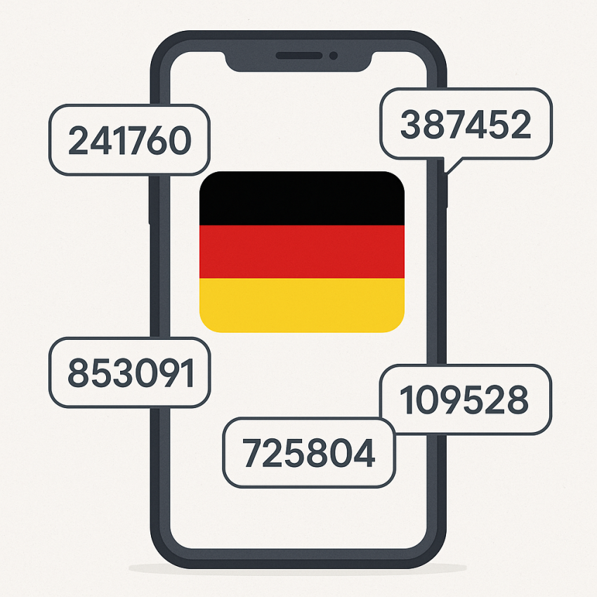 Smartphone with German flag and random numbers representing SMS testing in Germany