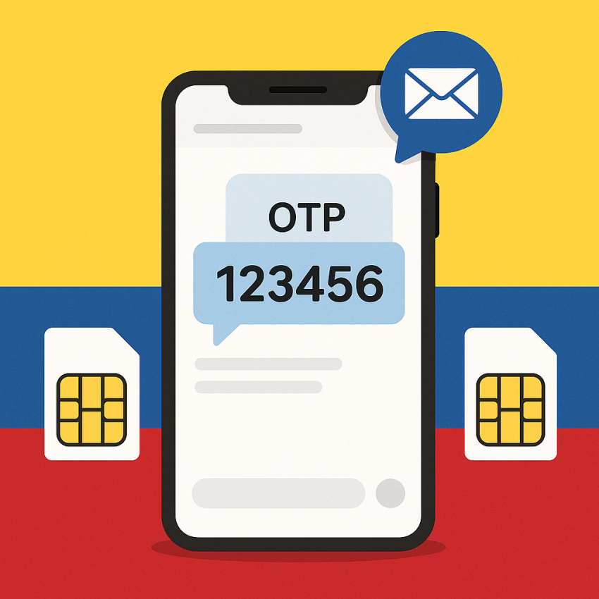Phone screen with Colombian flag and OTP receiving message for rent Colombian numbers for e-commerce seller checks