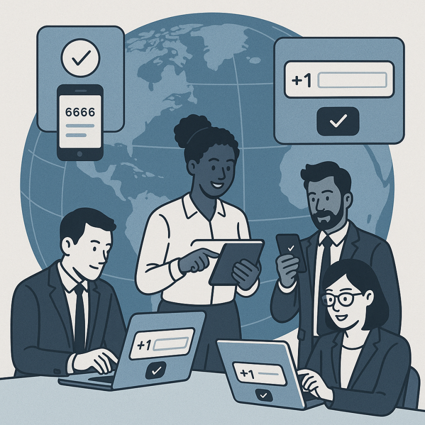 Global business team testing verification flows with virtual phone numbers