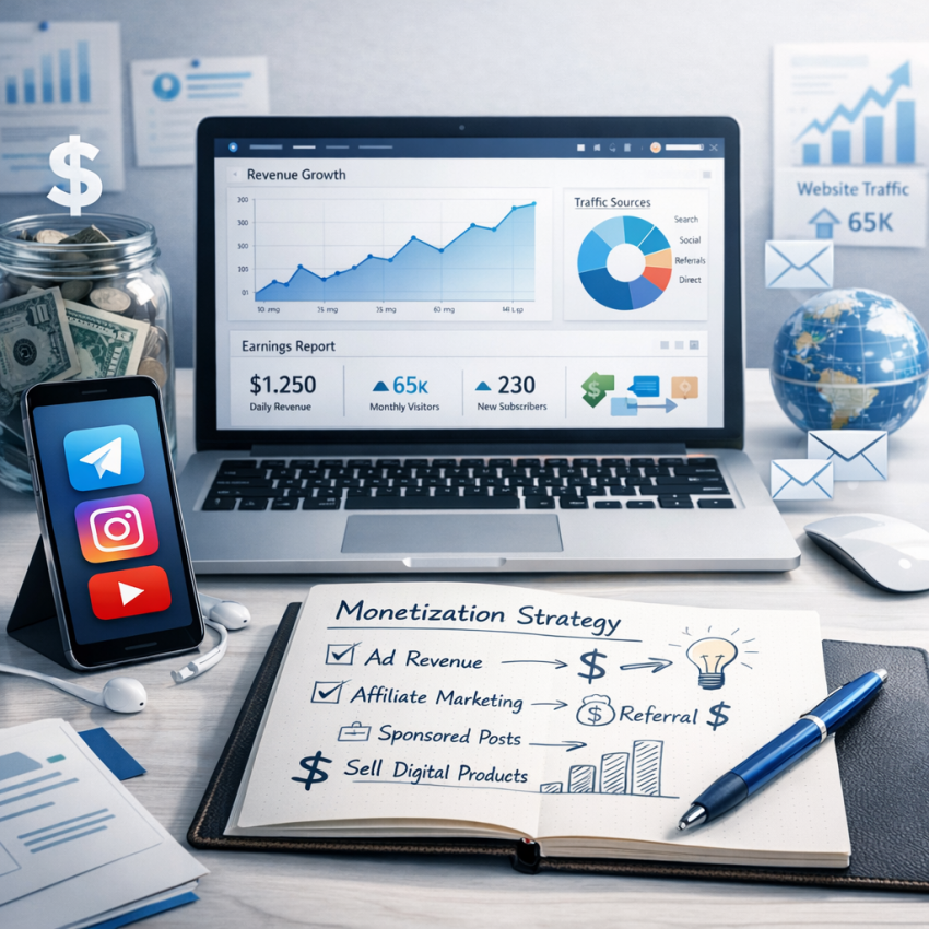 Creator workspace illustrating ways to monetize small channels, blogs, and social media projects in 2026