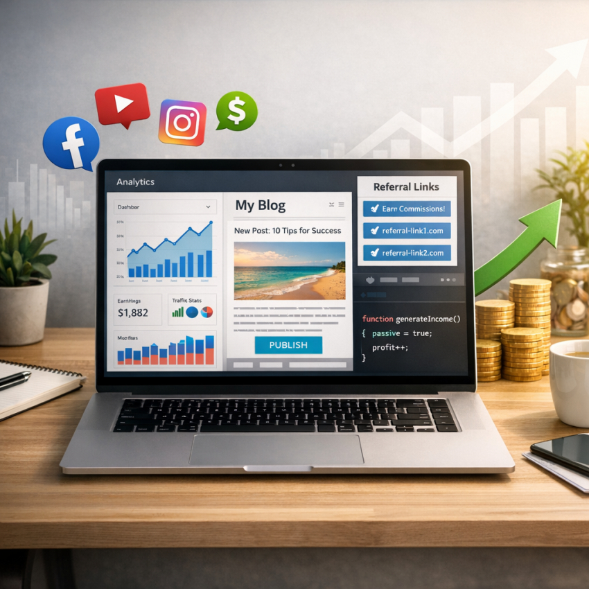 Laptop workspace illustrating passive income online through content, referrals, social media, and developer tools