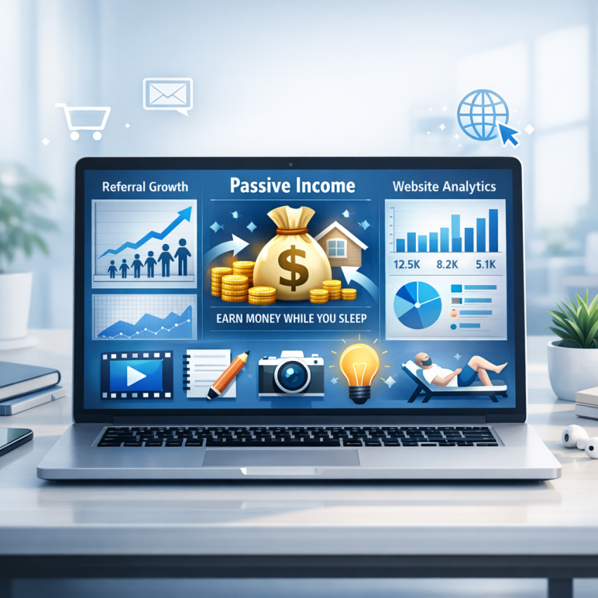 Laptop with online income dashboard and referral growth concept for making money on the internet without investment in 2026