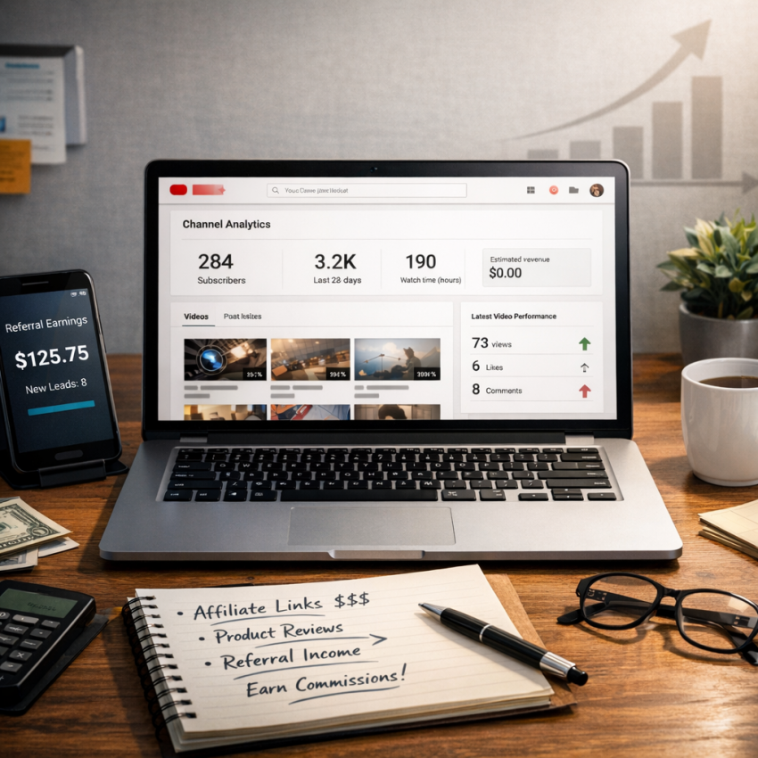 Small YouTube creator workspace illustrating affiliate income and monetization alternatives