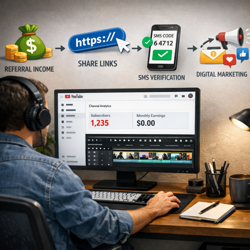 Small YouTube creator using referral links and digital tools to monetize a channel without YouTube ads