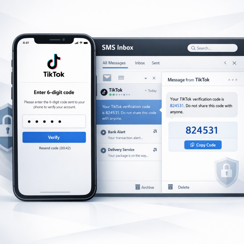 TikTok verification code being received through a virtual SMS dashboard