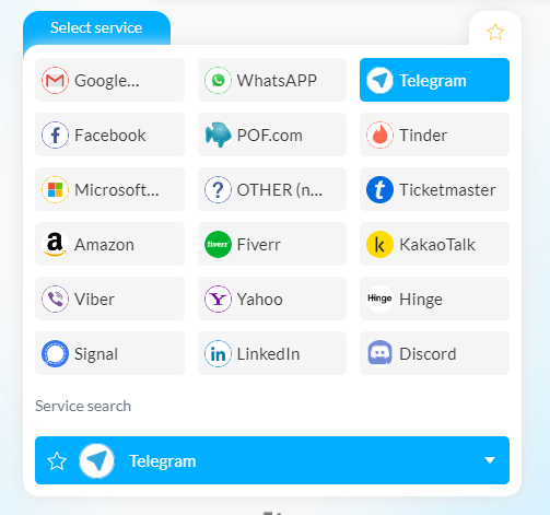 List of all available services on SMSpva with the selected Telegram service