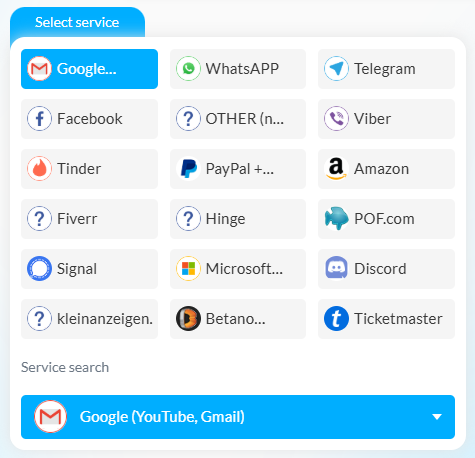 List of all available services on SMSpva with the selected Google service